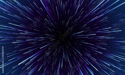 Star warp. Hyperspace jump, traces of moving stars light and interstellar fast speed travel. Wormhole space tunnel abstract vector background illustration photo