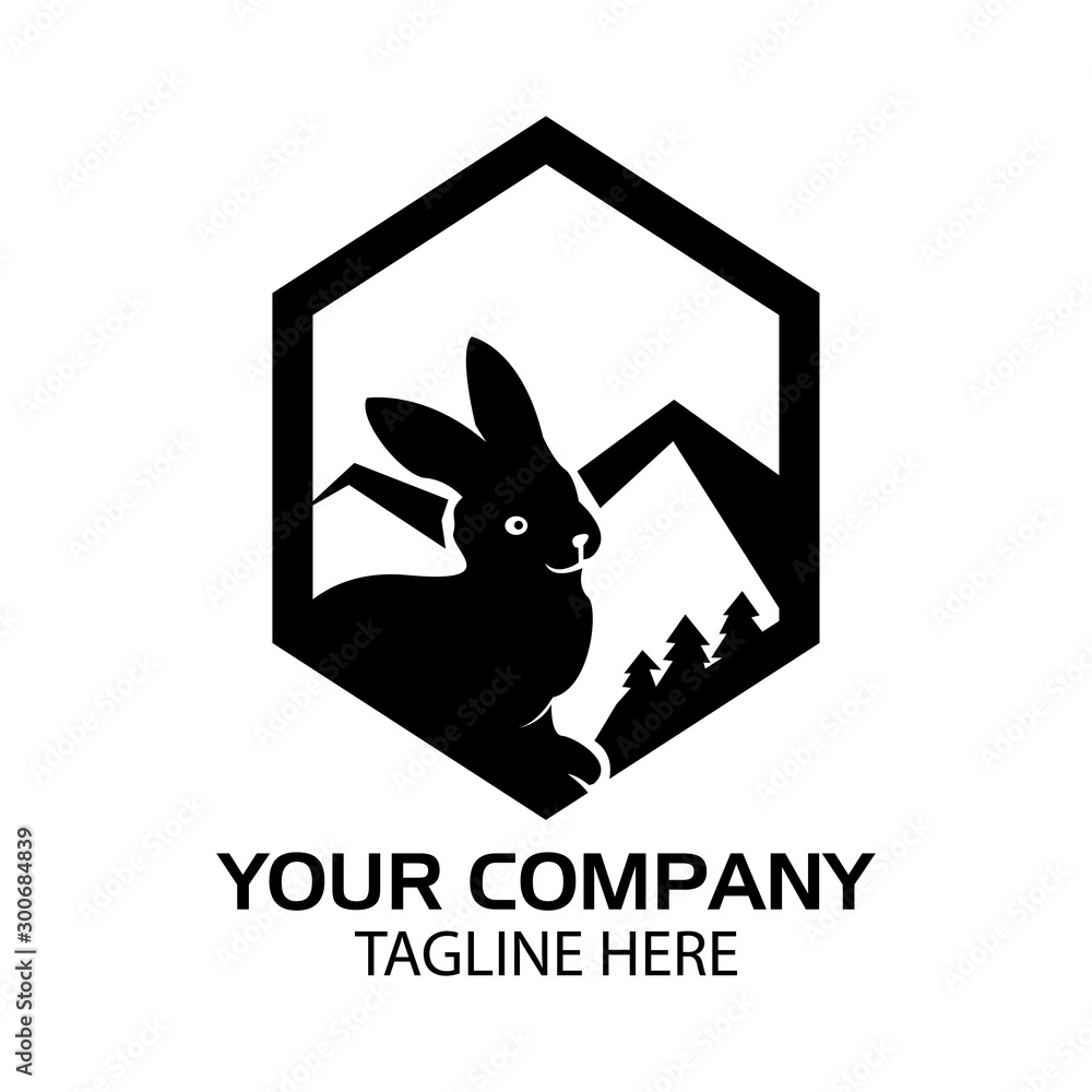 Fototapeta premium Rabbit silhouette logo with mountain in the hexagon, flat design. Vector Illustration on white background 