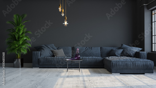 Modern interior design of a living room in an apartment, house, office, comfortable sofa, fresh flowers and bright modern interior details and sunbeams from a window on a dark wall background.
