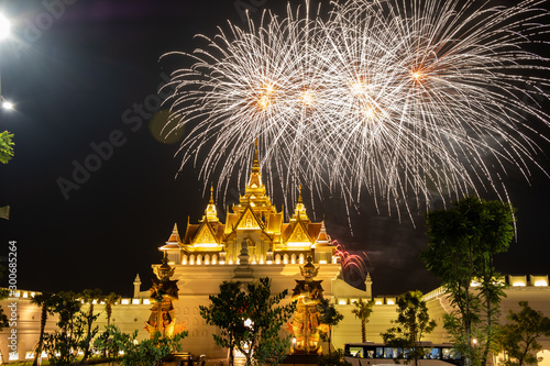 Night view of Legend Siam with firework in Pattaya, Thailand.