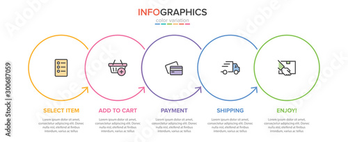 Concept of shopping process with 5 successive steps. Five colorful graphic elements. Timeline design for brochure, presentation, web site. Infographic design layout.