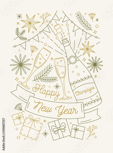 Happy New Year greeting card template. Sparkling wine bottle and glasses lineart illustration. Decorative gift boxes, fir branches, stars for Christmas holiday wishes postcard design.