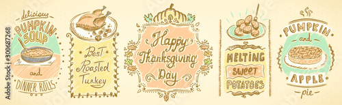 Happy thanksgiving day menu - pumpkin and apple pie, roasted turkey, pumpkin soup and sweet potato