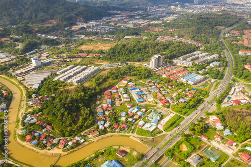 Bird eyes view of local housing houses in Kota Kinabalu, Sabah, Malaysia