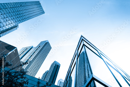 Glass curtain wall of skyscraper in financial center