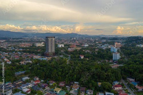Aerial image of beautiful Kota Kinabalu City during twilight sunset on Sabah, Malaysia