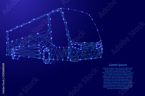 Bus from futuristic polygonal blue lines and glowing stars for banner, poster, greeting card. Vector illustration.