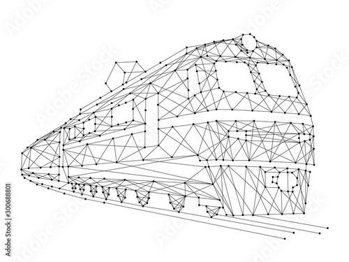 Train electric locomotive with carriages from abstract futuristic polygonal black lines and dots. Vector illustration.