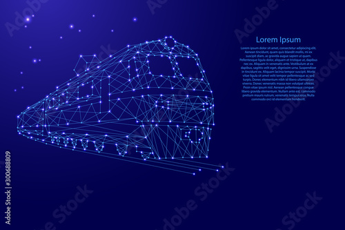 Train electric locomotive with carriages from futuristic polygonal blue lines and glowing stars for banner, poster, greeting card. Vector illustration.