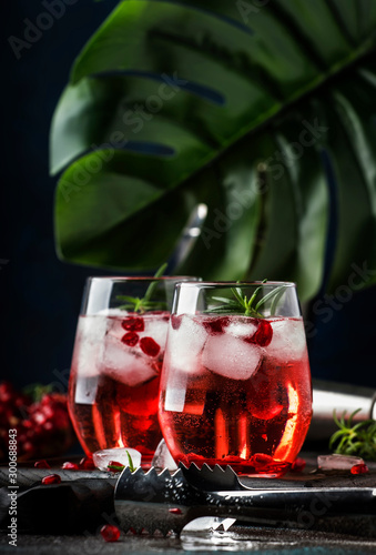 Red cocktail vodka pomegranate juice, with ice and rosemary, bar tools, blue bar counter background, top view photo