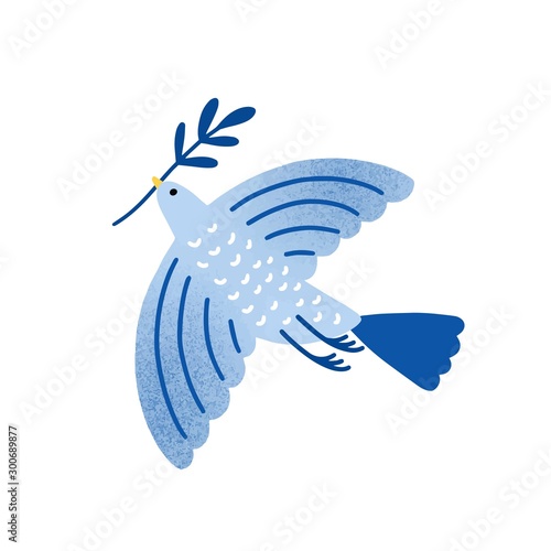 Dove with olive branch vector illustration. Bird, pigeon holding plant twig isolated on white background. Traditional Jewish holiday symbol. International peace and freedom metaphor.