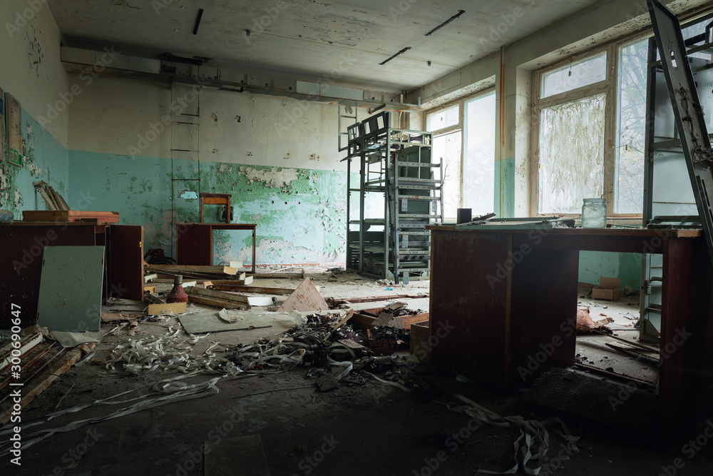 Abandoned and messy room in Pripyat post office Abandoned and messy room in Pripyat post office