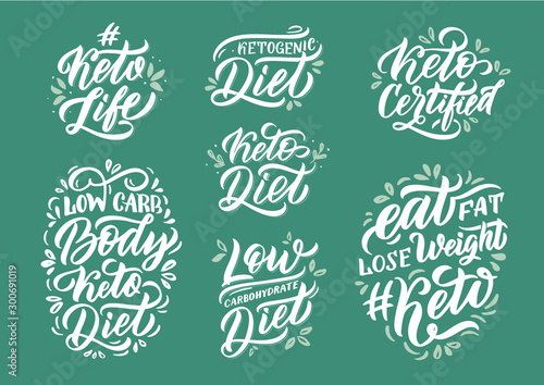 Hand drawn logos, emblems, labels, stamps set. Phrases for ketogenic diet. Doodle design for poster, postcard, banner, signboard. Vector illustration.