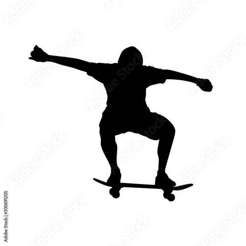 Silhouette of skater jumping ollie trick on skateboard and isolated. Black and white vector illustration