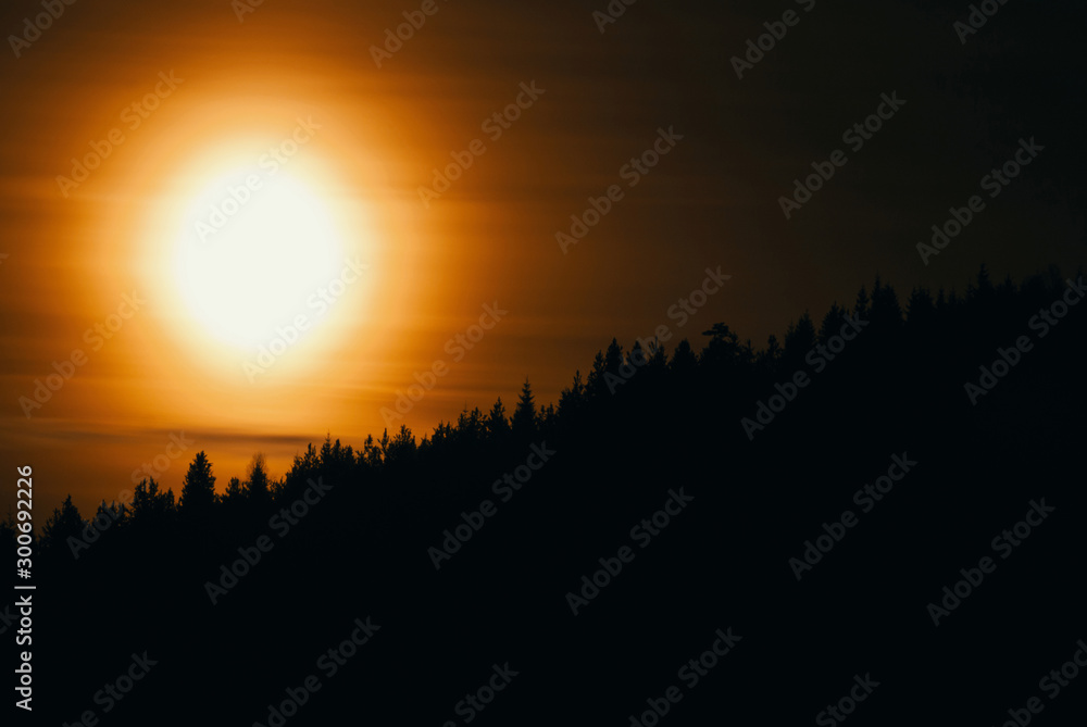 Obraz premium Full moon over forest scenery in Oslo Norway.