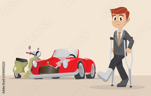 Cartoon character, Businessman accident injuries motorcycle.