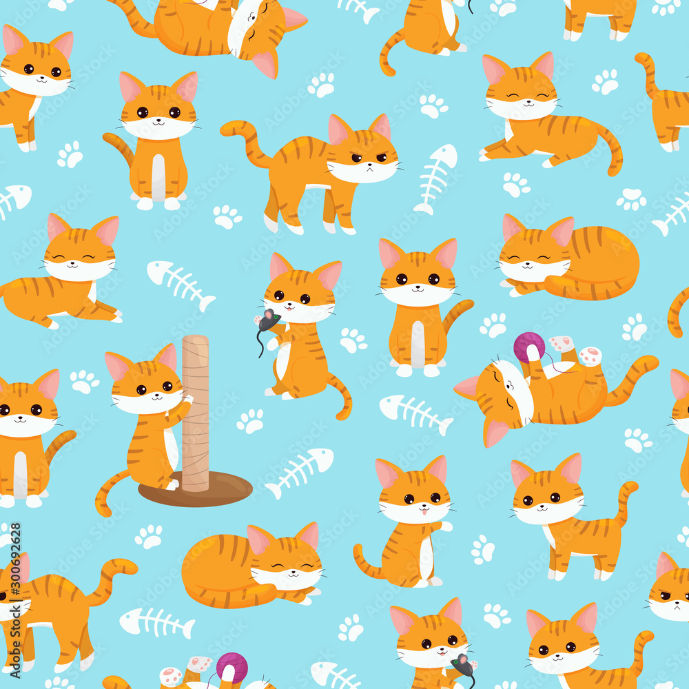 Fototapeta premium Childish seamless nursery pattern. Cute kawaii ginger cats with paws and fish bones. Cartoon vector character.