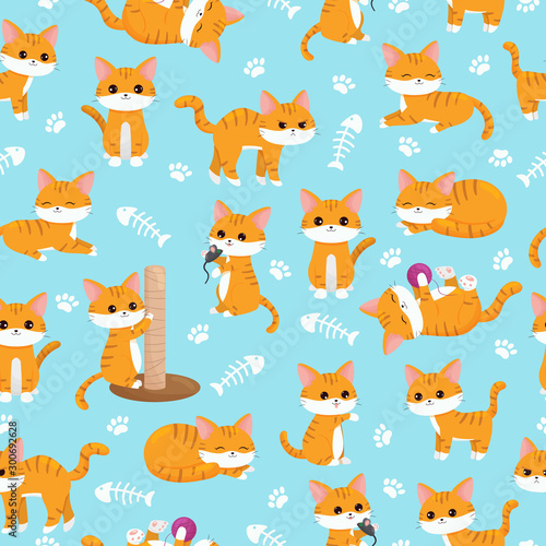 Childish seamless nursery pattern. Cute kawaii ginger cats with paws and fish bones. Cartoon vector character.