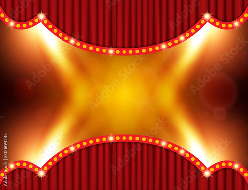 Background with red curtain and spotlights. Design for presentation, concert, show