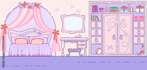 Little Girl Bedroom Fairytale Interior Flat Vector