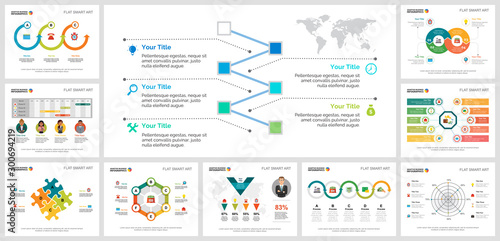 Colorful analytics or consulting concept infographic charts set. Business design elements for presentation slide templates. Can be used for financial report, workflow layout and brochure design.