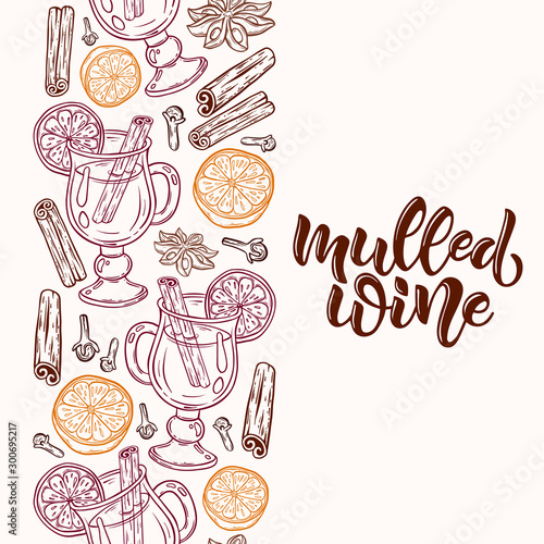 Vector illustration for bar menu design, winter drink, mulled wine, seamless pattern