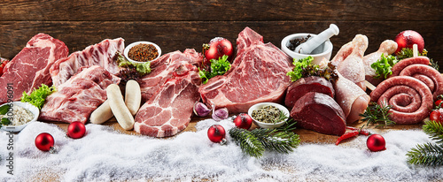 Panoramic view of variety of meat in winter photo