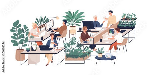 Green office flat vector illustration. Company staff, co-workers male and female cartoon characters. Comfortable workplace. Office coziness, domestic atmosphere, corporate environment. photo