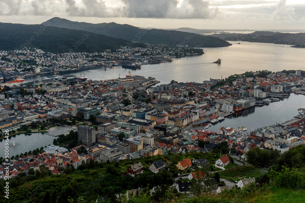 Bergen city seen from above at evening. Bergen, norway, norge, europe, citylights, cities, travel, explore concept.