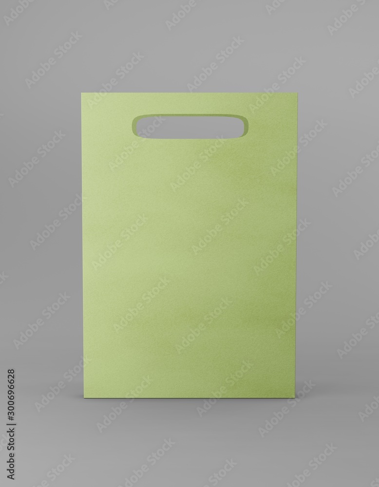 Eco packaging mockup bag kraft paper with handle front side. Standart medium green template on gray background promotional advertising. 3D rendering Eco packaging mockup bag kraft paper with handle front side. Standart medium green template on gray background promotional advertising. 3D rendering