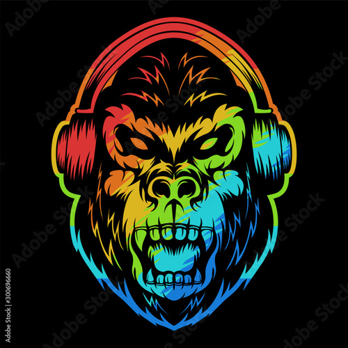 angry gorilla headphone colorful vector illustration