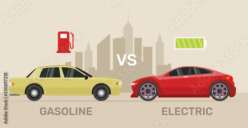Cartoon character, comparing electric versus gasoline car.