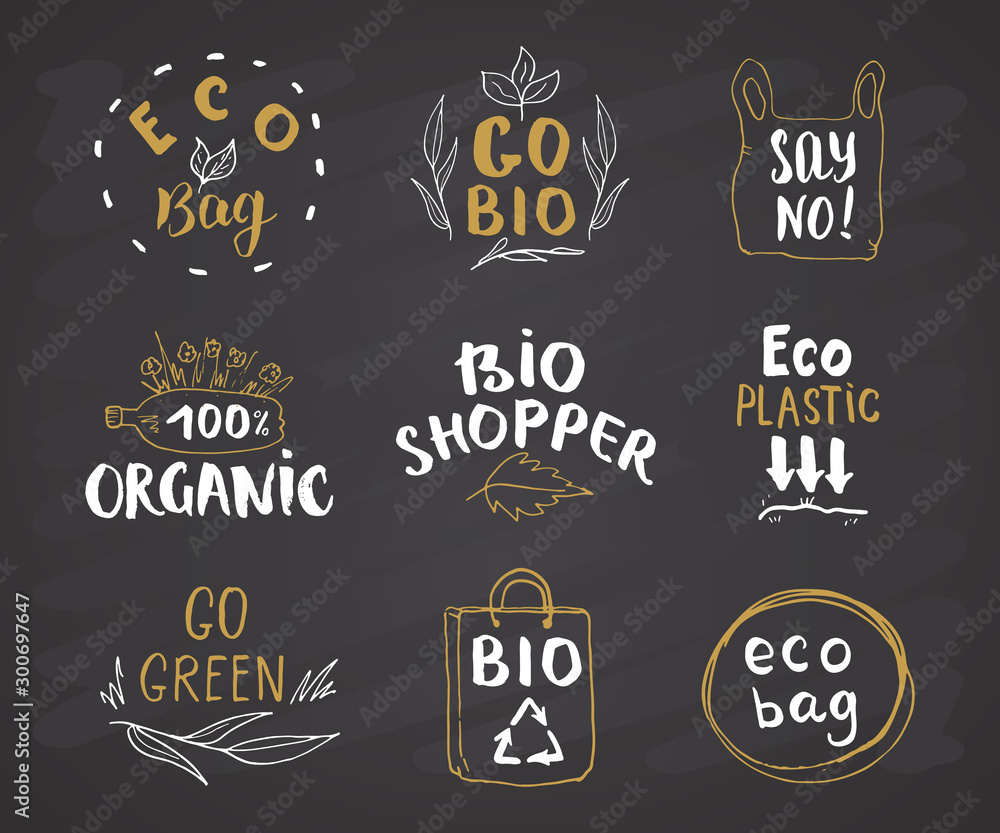 Fototapeta premium Eco and Bio Hand Drawn labels Set. Calligraphic Letterings with eco friendly sketch doodle elements. Vector illustration on chalkboard background
