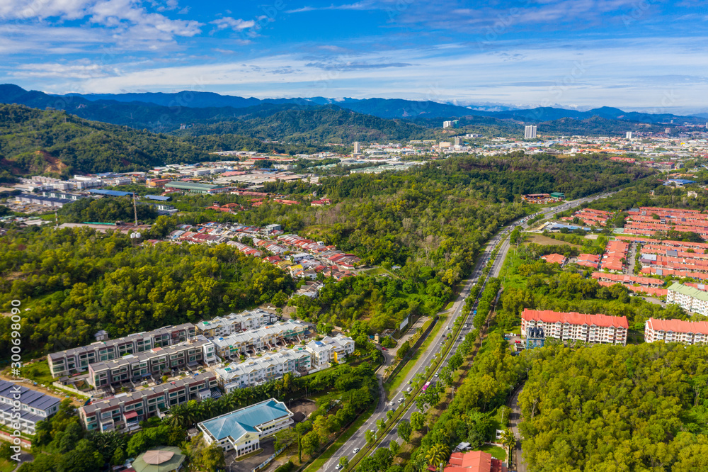 Aerial drone image of beautiful rural town of Menggatal Town, Sabah, Malaysia