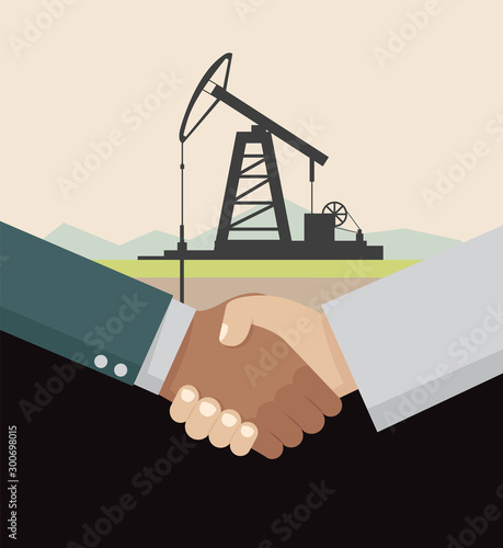 Cartoon, Businessman and Arab businessman handshake deal Oil Drilling business.