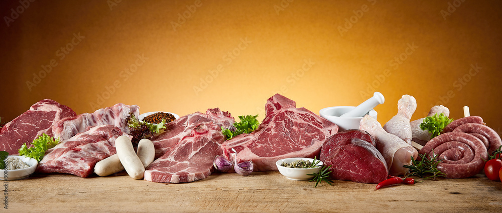 Panorama banner with assortment of meat for BBQ - obrazy, fototapety, plakaty 
