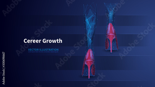 Career growth low poly wireframe vector banner template. Polygonal businesswoman in high heels on stairs. Job promotion 3D mesh art. Personal development illustration with connected dots