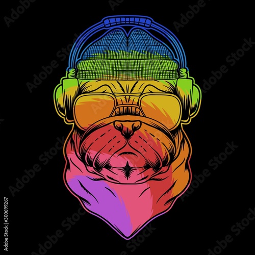 pug dog headphone colorful vector illustration