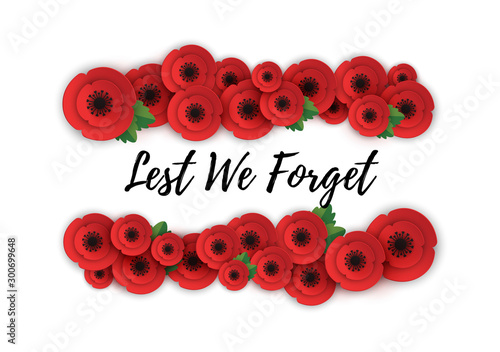 Remembrance, Anzac Day web header. Poppies flowers. Memorial banner, card.