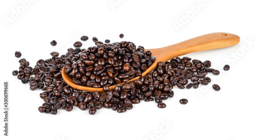  coffee beans in wooden spoon isolated on white background
