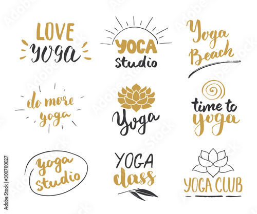 Yoga Hand Drawn labels Set. Calligraphic Letterings with sketch doodle elements. Vector illustration