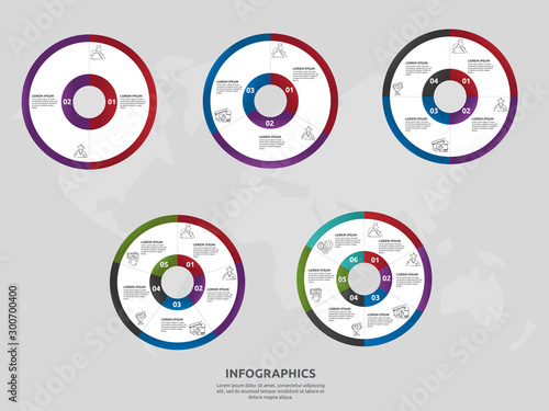Vector template circle and sector infographics. Set business concept with 2, 3, 4, 5, 6. Used for content, flowchart, timeline, levels, marketing, presentation, graph, diagrams, slideshow, chart