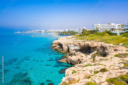 Cyprus. Panorama Of The Ayia NAPA. Mountain coast of the Mediterranean sea. Tourist beaches of Cyprus. Blue lagoon. Resort towns of Cyprus. Hotels on the coast of Cyprus. Rest on the Mediterranean.