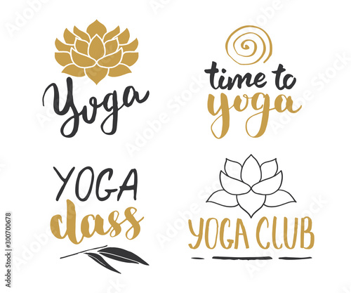 Yoga Hand Drawn labels Set. Calligraphic Letterings with sketch doodle elements. Vector illustration