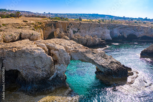 Cyprus. Ayia NAPA. Rock "Bridge of love". Rock arch in the sea. Cape Greco. The beautiful coast of the Mediterranean sea. Natural attractions of Cyprus. Panorama of the Republic of Cyprus.