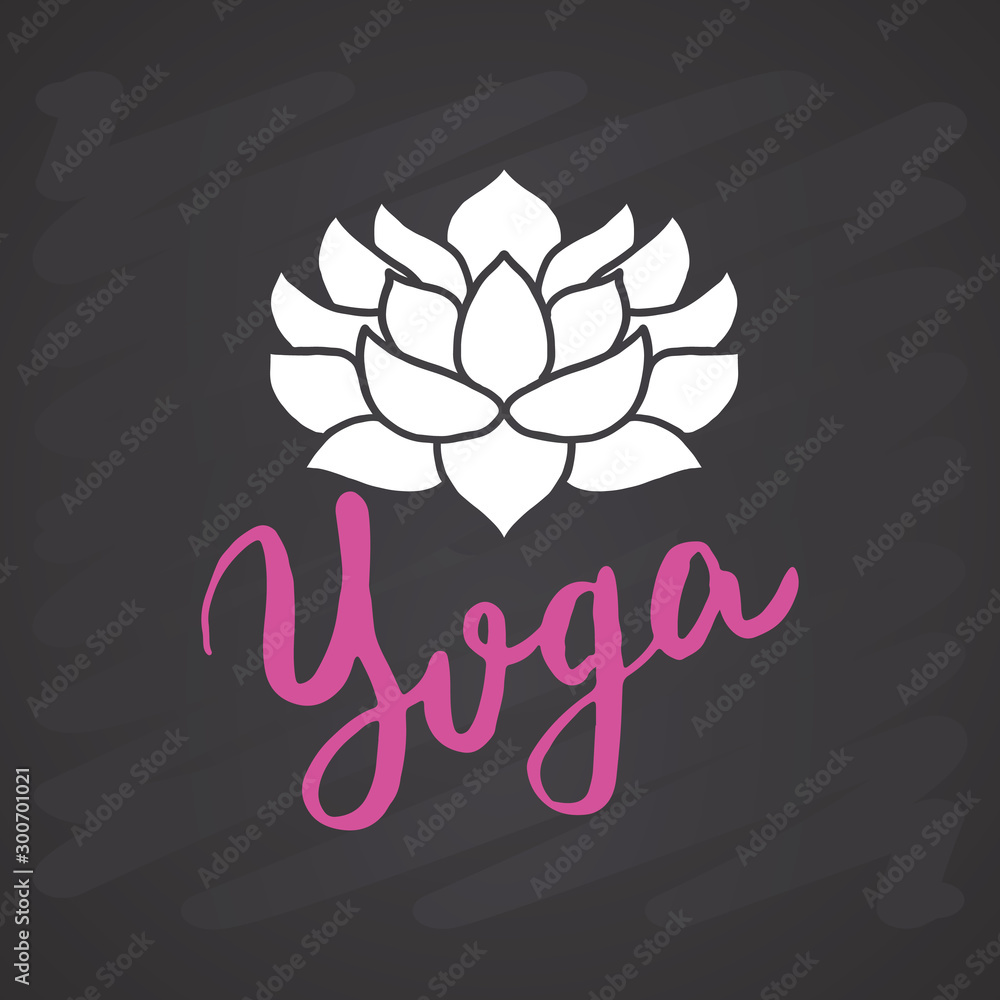 Yoga Lettering label. Calligraphic Hand Drawn yoga sketch doodle. Vector illustration on chalkboard background