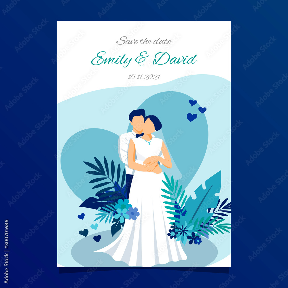 Wedding invitation with couple on blue background with hearts and tropical leaves. Wedding invitation template. Vector Wedding invitation with couple on blue background with hearts and tropical leaves. Wedding invitation template. Vector