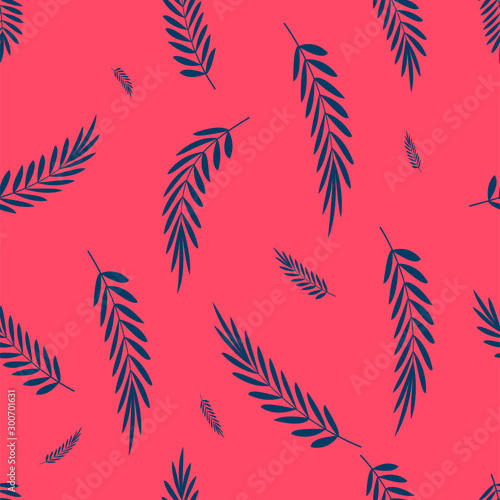 Simple blue and pink tropical leaves. Seamless pattern. Vector