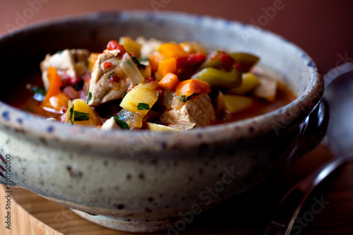 Close up of tuna and pepper stew served in bowl