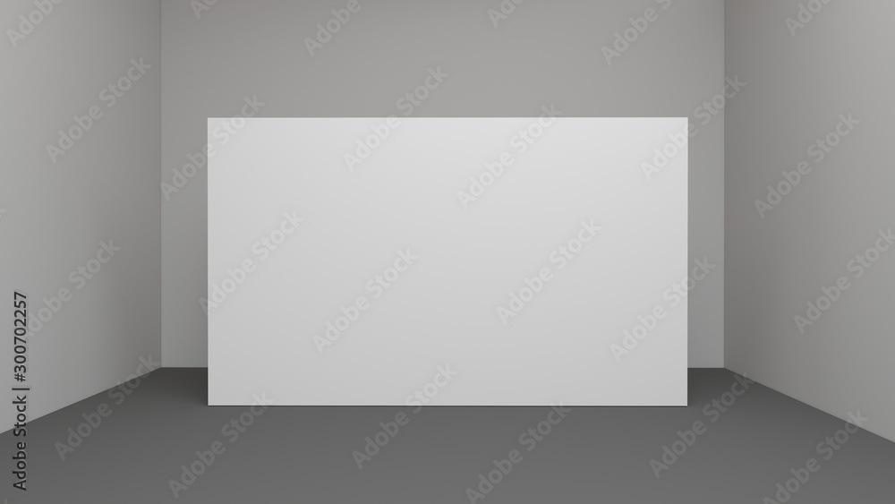 Blank white poster on white wall in empty loft room with concrete floor and big windows, mock up 3D Render Blank white poster on white wall in empty loft room with concrete floor and big windows, mock up 3D Render